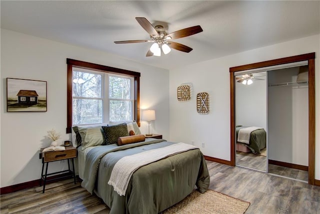 bedroom with ceiling fan, a closet, and dark hardwood / wood-style floors