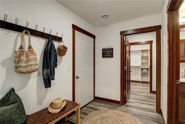 mudroom with wood-type flooring