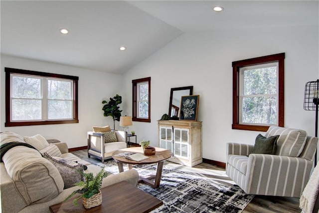 living room with lofted ceiling and hardwood / wood-style floors