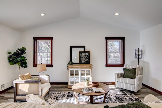 living room with lofted ceiling, a healthy amount of sunlight, and dark hardwood / wood-style floors