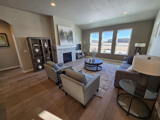 living room with a fireplace and wood-type flooring