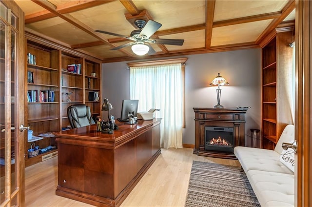 office with coffered ceiling, built in features, light hardwood / wood-style floors, and ceiling fan