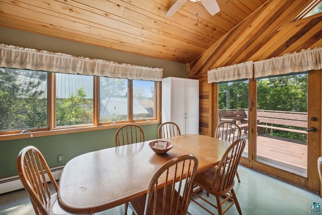 dining room featuring vaulted ceiling, ceiling fan, and wood ceiling