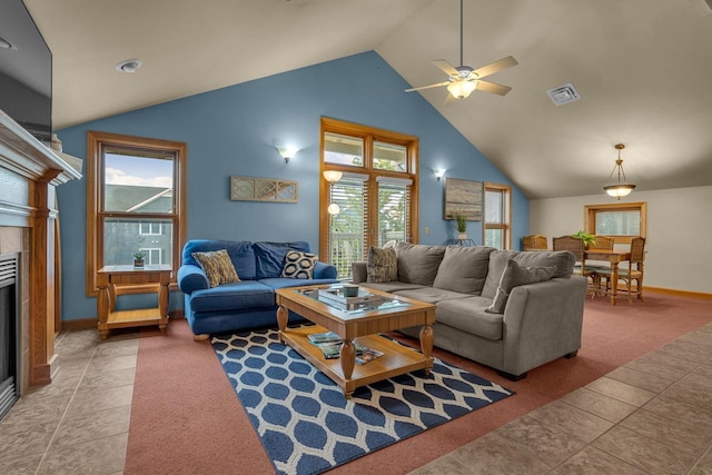 650 S Pier Dr Unit 2, Sheboygan, WI 53081 - living room featuring a fireplace, high vaulted ceiling, and light tile patterned floors