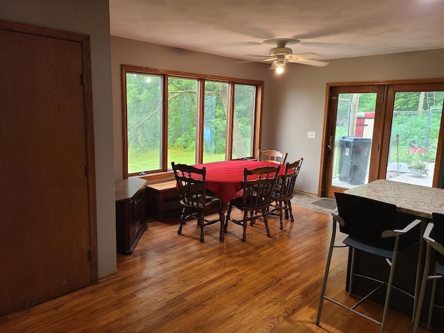 dining room with ceiling fan and wood finished floors