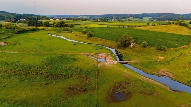 bird's eye view featuring a water view and a rural view