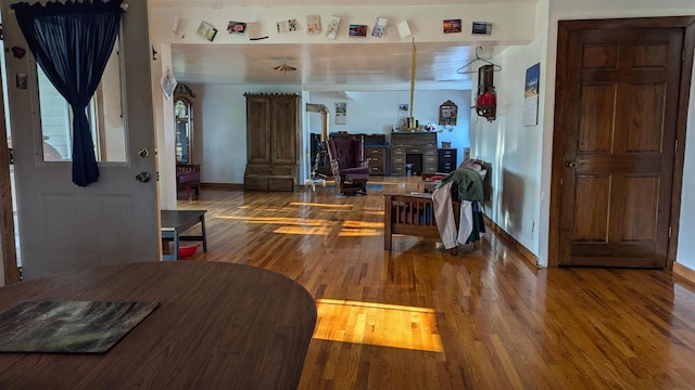 living room featuring a fireplace and wood-type flooring