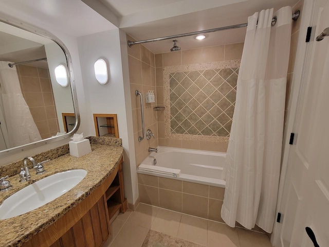 bathroom featuring vanity, shower / bathtub combination with curtain, and tile patterned flooring