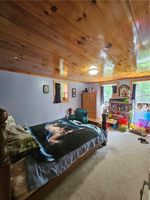 bedroom featuring carpet flooring and wooden ceiling