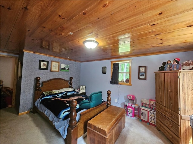 carpeted bedroom featuring wood ceiling and ornamental molding