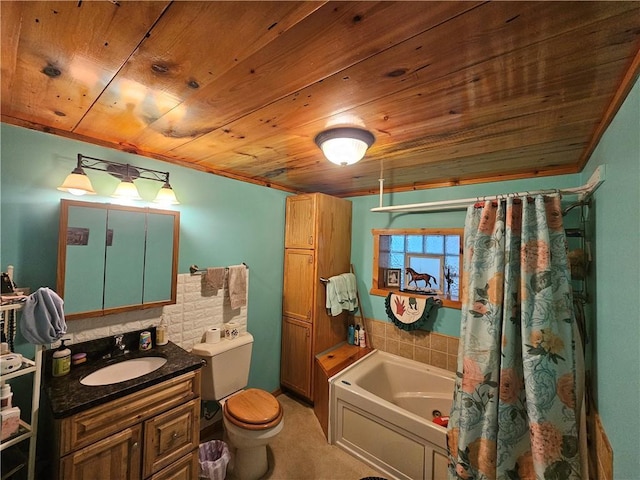 bathroom with vanity, a bathing tub, decorative backsplash, and wooden ceiling