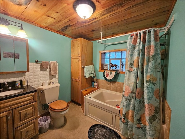 bathroom featuring vanity, a bathtub, wood ceiling, and toilet