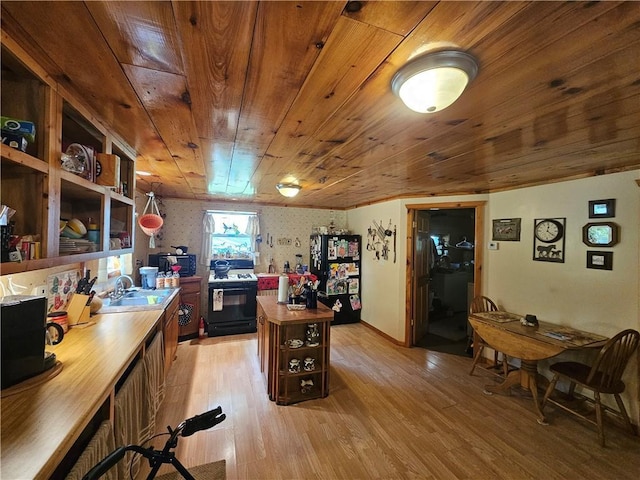 office area featuring wood ceiling, sink, and light hardwood / wood-style floors