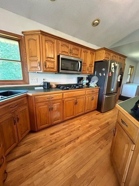 kitchen with stainless steel appliances, vaulted ceiling, and light hardwood / wood-style flooring