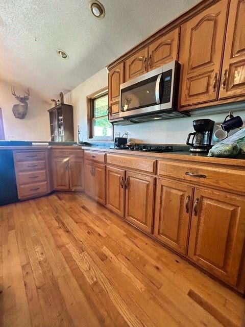 kitchen with black gas cooktop, light hardwood / wood-style flooring, and a textured ceiling