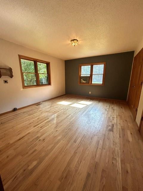 spare room with light hardwood / wood-style flooring, plenty of natural light, and a textured ceiling