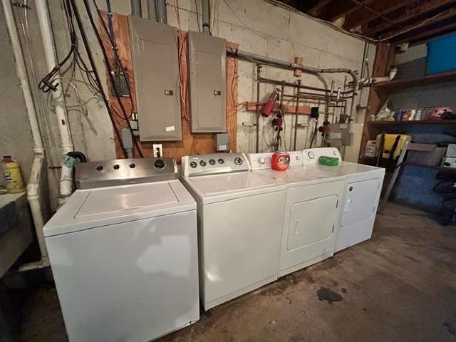 laundry area featuring electric panel and washer and clothes dryer