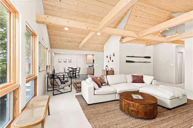 23855 Garden Lake Rd, Cable, WI 54821 - living room with wood ceiling with exposed beams, plenty of natural light, high vaulted ceiling, and recessed lighting