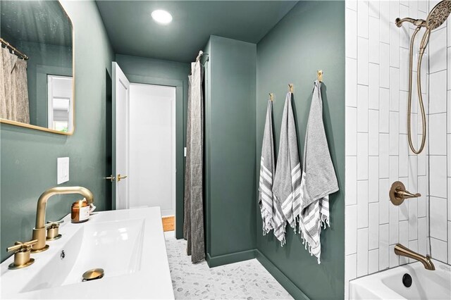 23855 Garden Lake Rd, Cable, WI 54821 - bathroom with shower / bathtub combination with curtain, recessed lighting, and vanity