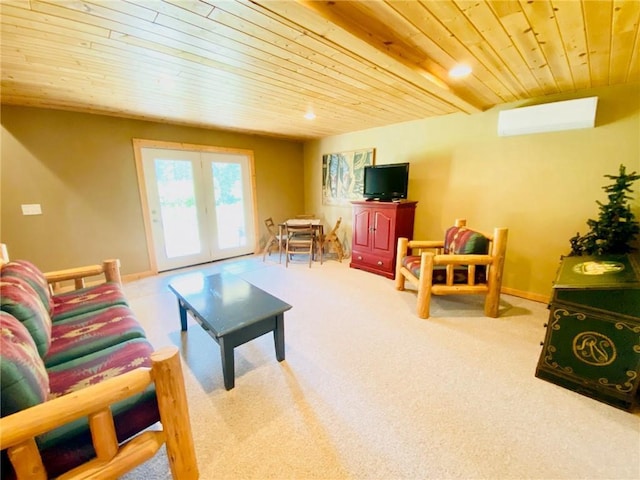 living room featuring light colored carpet, wooden ceiling, french doors, and a wall mounted AC