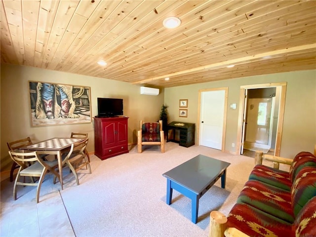 living room featuring wood ceiling and a wall unit AC