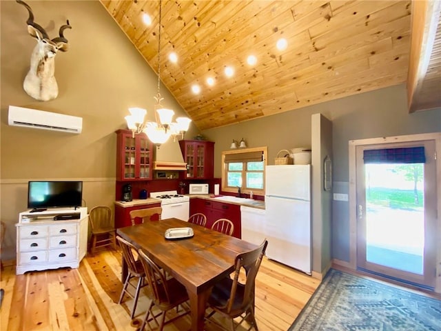 dining space featuring vaulted ceiling, a wall unit AC, wood ceiling, and light hardwood / wood-style floors