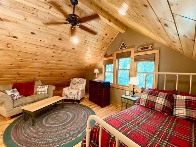 bedroom featuring vaulted ceiling with beams, wooden ceiling, ceiling fan, and light wood-type flooring