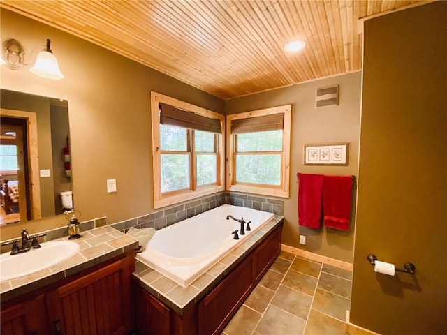 bathroom with tile patterned flooring, a bathing tub, vanity, wooden ceiling, and toilet