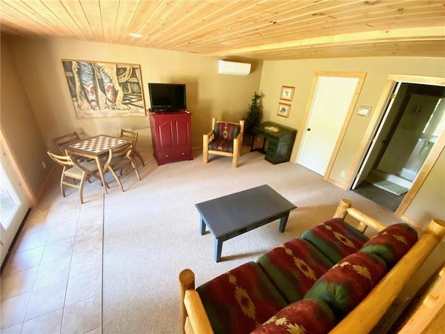 carpeted living room with a wall unit AC and wooden ceiling