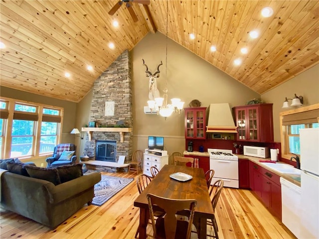 dining space featuring beamed ceiling, sink, high vaulted ceiling, and light wood-type flooring