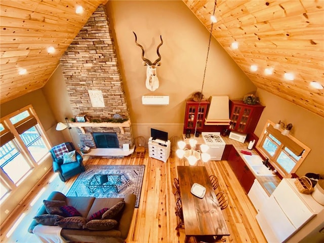 bonus room with sink, high vaulted ceiling, light wood-type flooring, wooden ceiling, and a fireplace