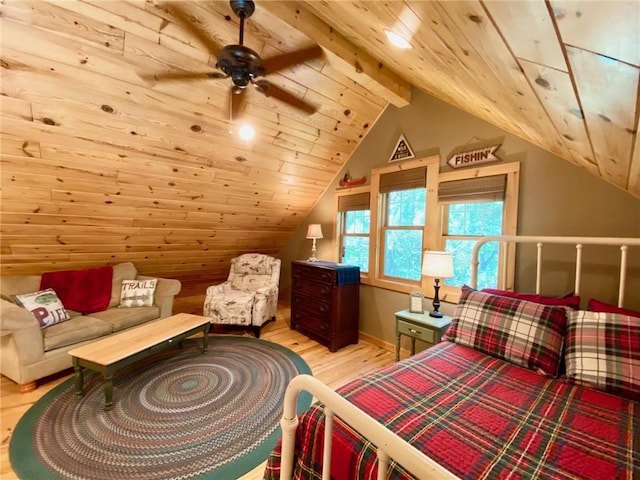 bedroom featuring wood ceiling, light hardwood / wood-style flooring, lofted ceiling with beams, and ceiling fan