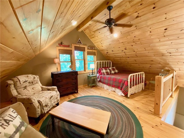 bedroom with lofted ceiling with beams, wooden ceiling, ceiling fan, and light hardwood / wood-style flooring