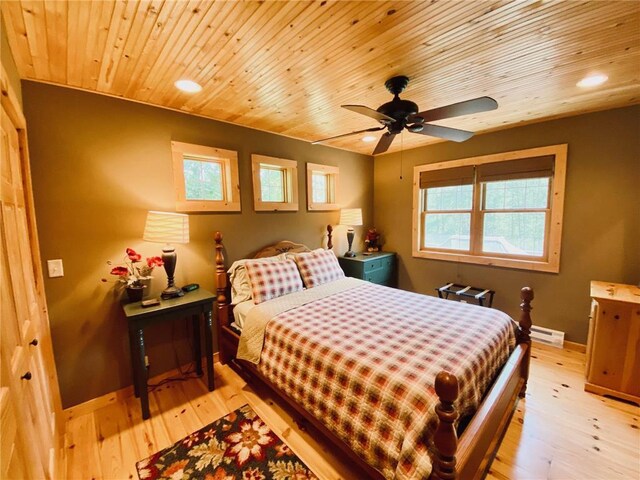 bedroom featuring a baseboard heating unit, wooden ceiling, ceiling fan, and light hardwood / wood-style flooring