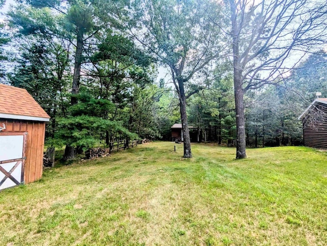 view of yard with a storage shed