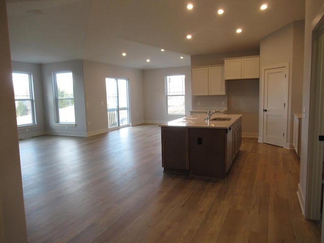 1790 Arbor Vista Pl, West Bend, WI 53095 - kitchen featuring wood finished floors, baseboards, plenty of natural light, an island with sink, and recessed lighting