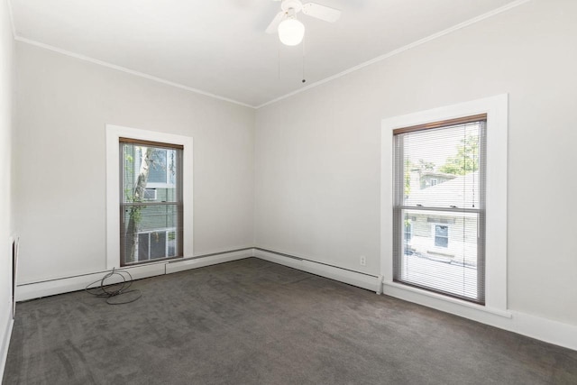 carpeted spare room featuring baseboard heating, ceiling fan, and ornamental molding