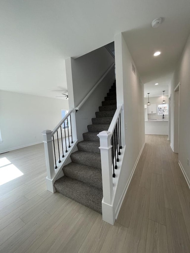 staircase featuring hardwood / wood-style floors and ceiling fan