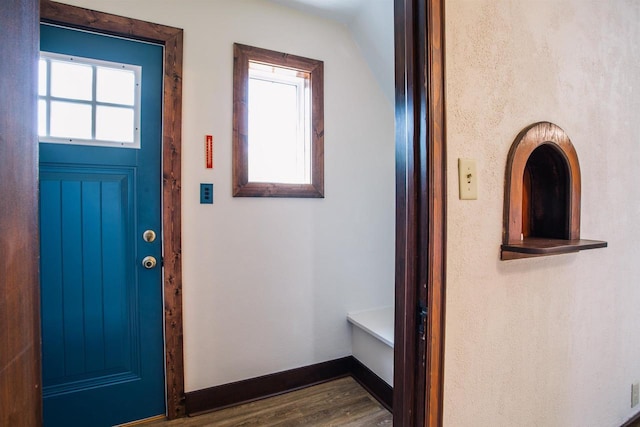 entrance foyer featuring wood-type flooring and lofted ceiling