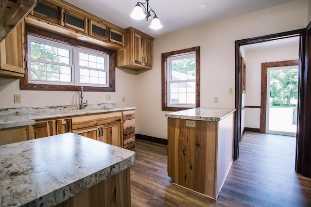 kitchen with hanging light fixtures, dark wood-type flooring, and sink