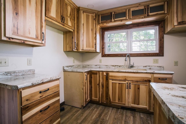 kitchen with dark wood-type flooring, sink, and light stone counters