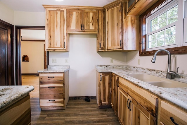 kitchen with dark hardwood / wood-style floors, light stone countertops, and sink