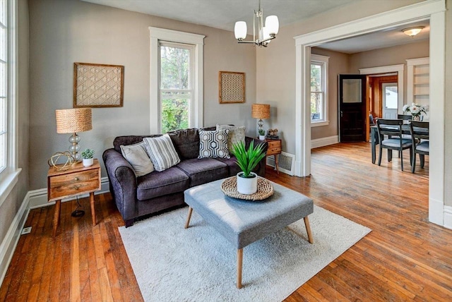 living room with hardwood / wood-style flooring, a notable chandelier, and a healthy amount of sunlight