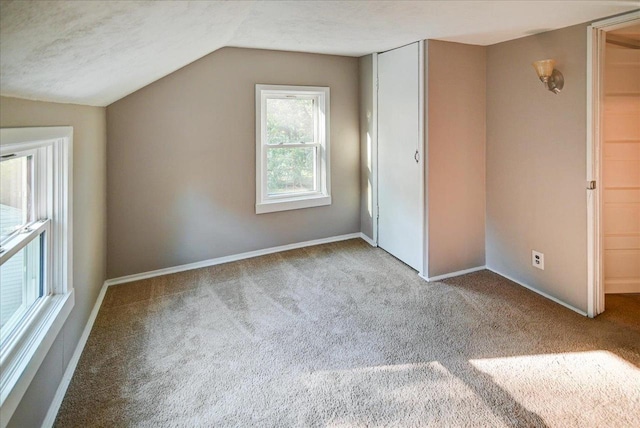 additional living space with vaulted ceiling, a textured ceiling, and carpet flooring