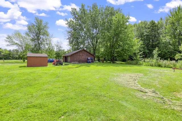 view of yard featuring a storage unit