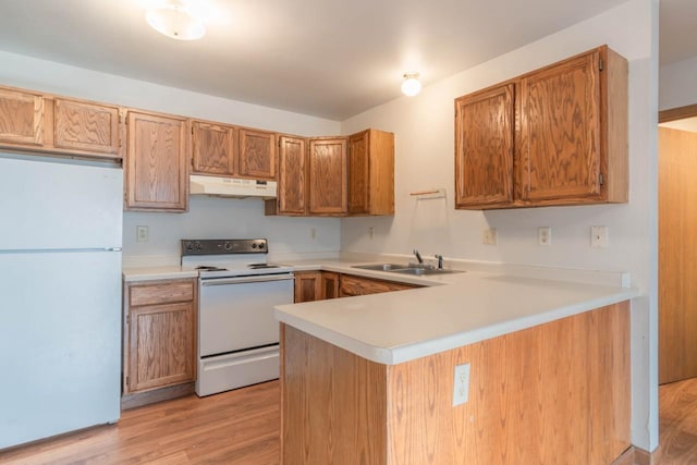 kitchen with sink, white appliances, light hardwood / wood-style floors, and kitchen peninsula