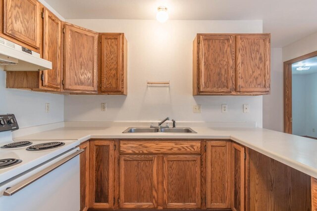 kitchen featuring sink, kitchen peninsula, and white range with electric cooktop