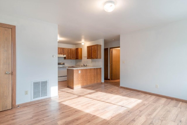 kitchen featuring white electric stove, sink, light wood-type flooring, and kitchen peninsula