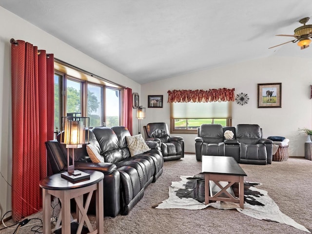 W7031 Hickory Ln, Elkhart Lake, WI 53020 - living area featuring a ceiling fan, a healthy amount of sunlight, carpet flooring, and vaulted ceiling