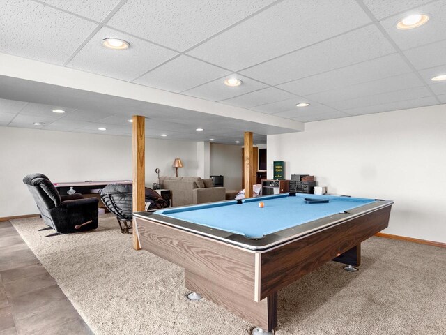 W7031 Hickory Ln, Elkhart Lake, WI 53020 - playroom featuring recessed lighting, billiards, a paneled ceiling, and baseboards